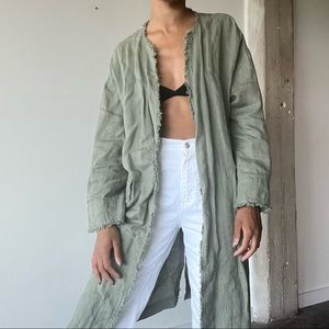 Olive green long linen duster / cardigan made in Morocco